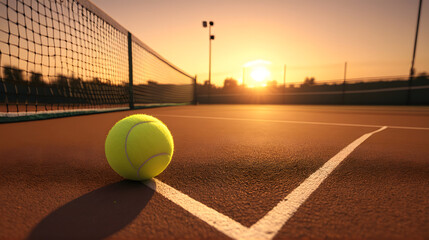 Tennis Ball on Net with Sunset Background