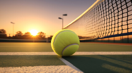 Tennis Ball on Net with Sunset Background