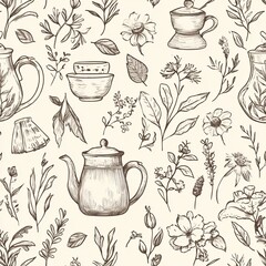 Professional Herbal Tea Seamless Pattern Doodle Teapot Cup Image