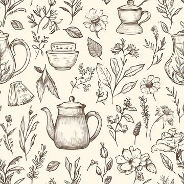 Professional Herbal Tea Seamless Pattern Doodle Teapot Cup Image