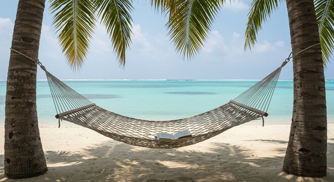 Tropical beach hammock relaxation with open book