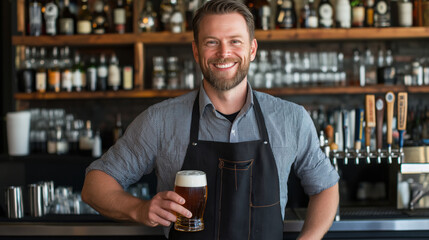 A man is standing behind a bar with a beer in his hand. He is smiling and he is enjoying himself. The bar is filled with various bottles and glasses, indicating that it is a busy establishment