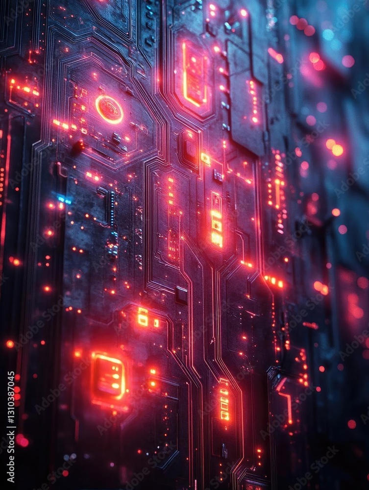 Poster abstract close-up of a futuristic circuit board with glowing red and blue lights, creating a high-te