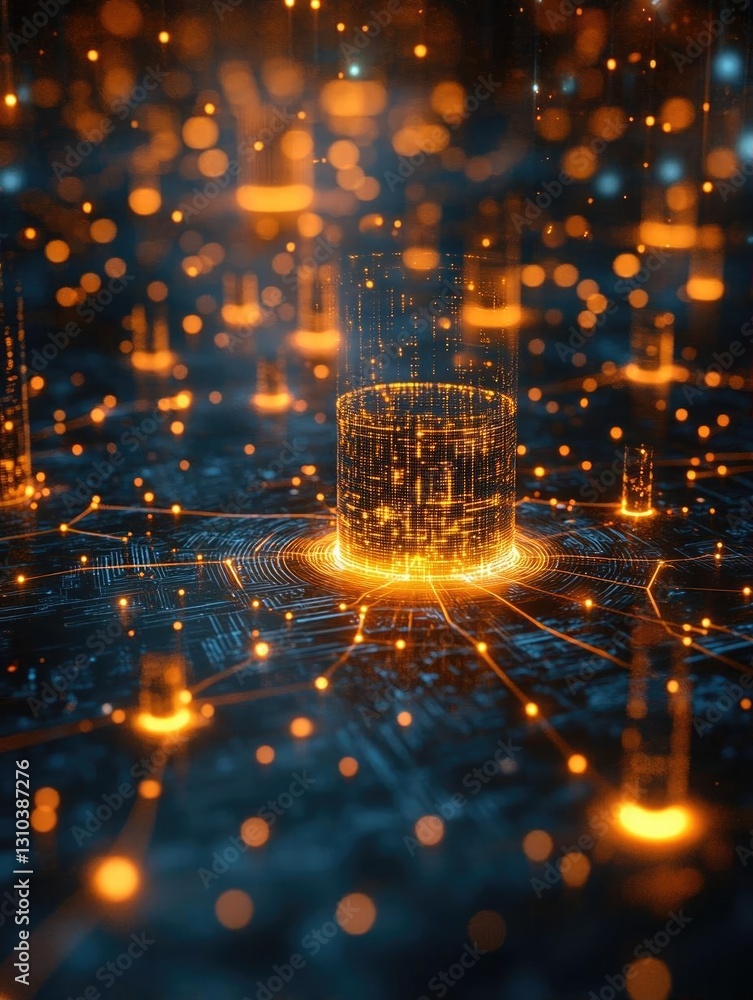 Poster abstract digital landscape featuring glowing data structures and vibrant connections in a futuristic
