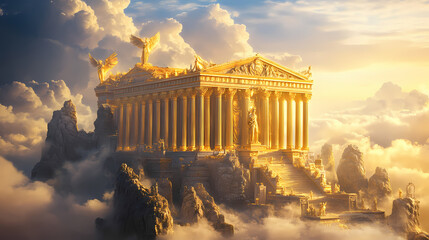 Obraz premium Fantastical palace atop mount olympus ethereal clouds majestic columns shimmering golden details mythical creatures otherworldly atmosphere. Majestic - Cliff. Illustration