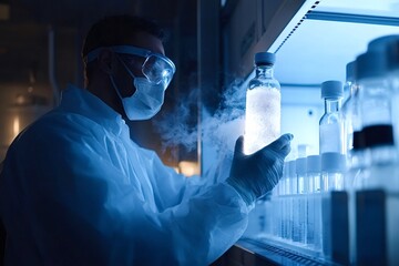 Medical scientist wearing protective suit, mask and glasses taking frozen sample from refrigerator in laboratory at night, illuminated by blue light