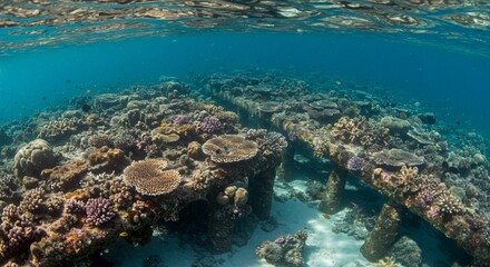 Underwater coral reef thriving on submerged structure