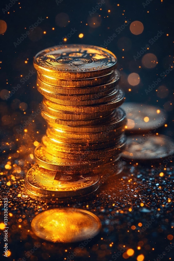 Poster stacked golden coins glimmering in a dark environment with sparkling bokeh effects