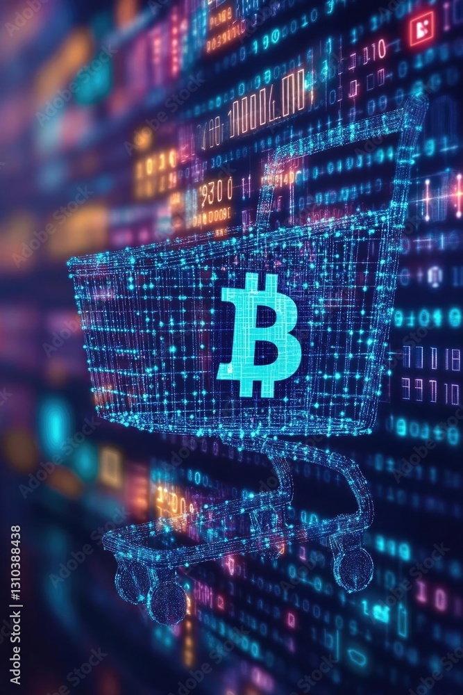 Poster digital shopping cart with bitcoin symbol against a vibrant, tech-themed background of data