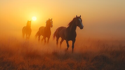 Obraz premium Three horses run in a golden sunrise field