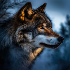Fototapeta premium Water Color, Dog Moody, Wolf portrait forest wildlife photography dusk close-up majestic predator in natural habitat
