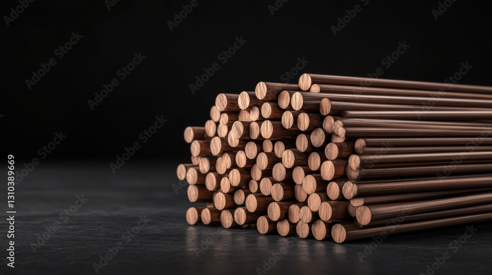 Poster pile of wooden dowels stacked neatly on dark surface with soft shadows and smooth texture