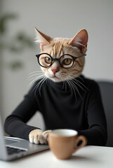 Sophisticated cat in glasses and black sweater using laptop. 