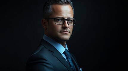Confident Businessman Portrait Serious Executive Professional Man in Suit Corporate Leader Stylish Glasses Dark Background Studio Shot Successful     
