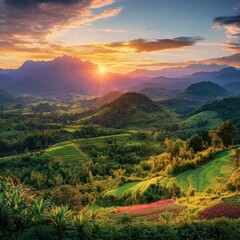 Breathtaking sunset over rolling hills nature landscape vibrant colors tranquil environment aerial view scenic beauty