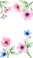 Naklejka premium A floral frame with pink, purple and blue flowers and green leaves, with a white background in the center,Invitation card floral design template,frame of flowers