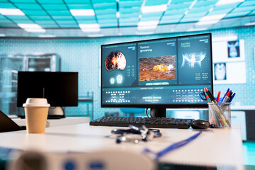 Empty doctor office awaiting a patient visit featuring diagnostic equipment and medical technology, ideal for health check ups and personalized healthcare services. Insurance system.