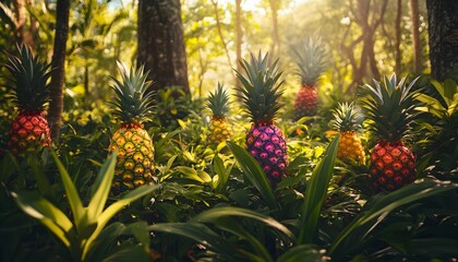 Colorful pineapples growing in a lush tropical forest