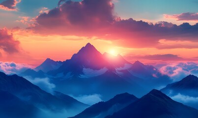 Obraz premium Majestic Mountain Range Bathed in the Warmth of a Stunning Sunset Glow