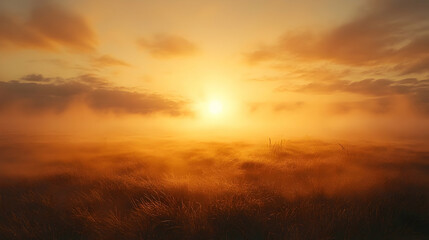 Fototapeta premium Golden hour ambiance bathes foggy field in warm ethereal luminescence