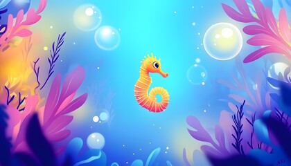 Obraz premium A cheerful seahorse swims amidst vibrant underwater plants