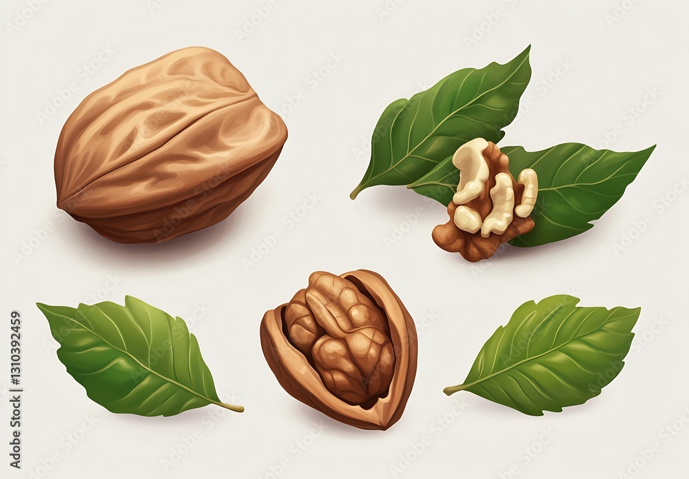 Poster realistic walnut nuts and leaves arranged on a neutral background showcasing their texture and natur