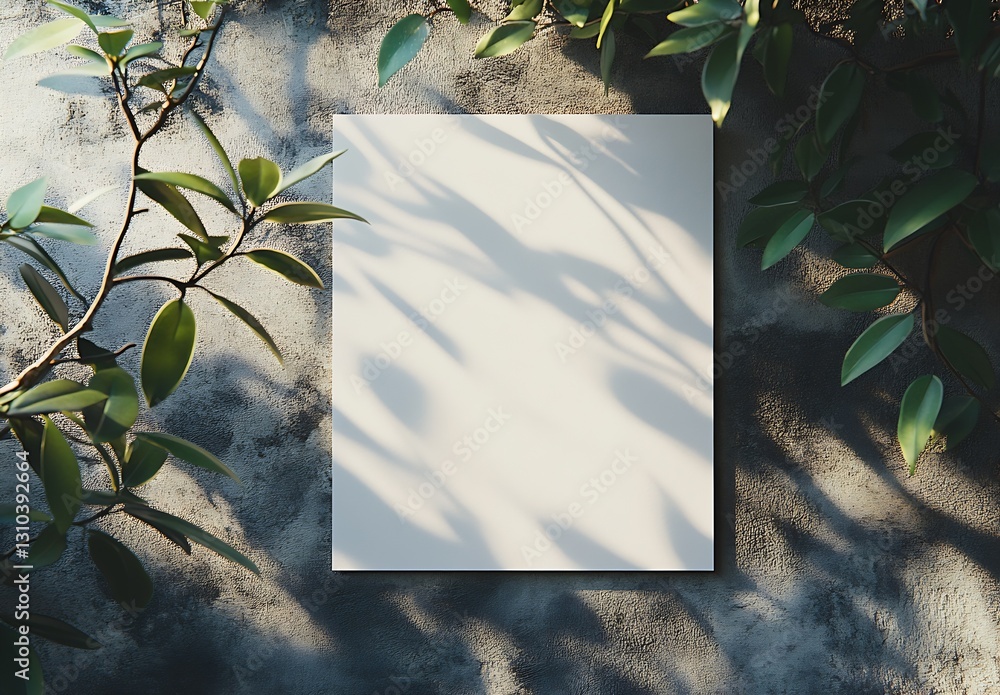 Leinwandbilder blank canvas framed with vibrant green leaves and soft shadows on rustic stone background : generati