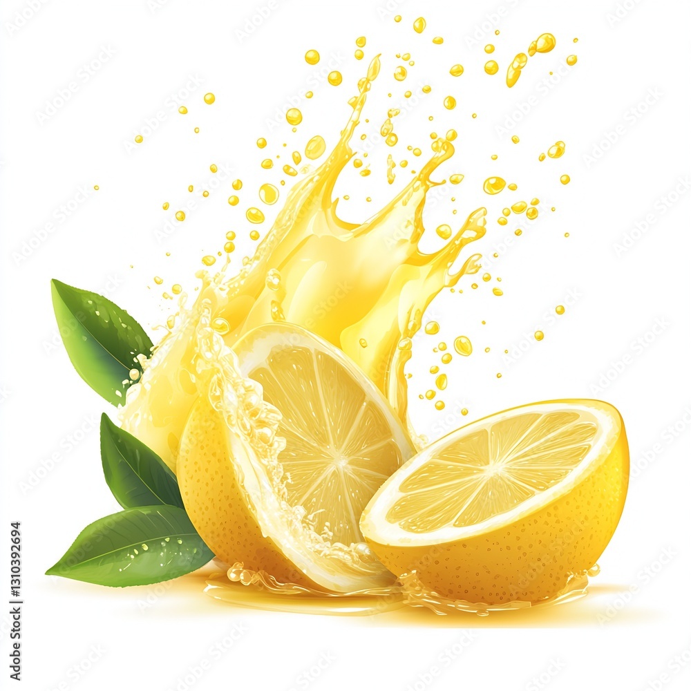 Poster vibrant lemon halves with splashing water on crisp white background : generative ai