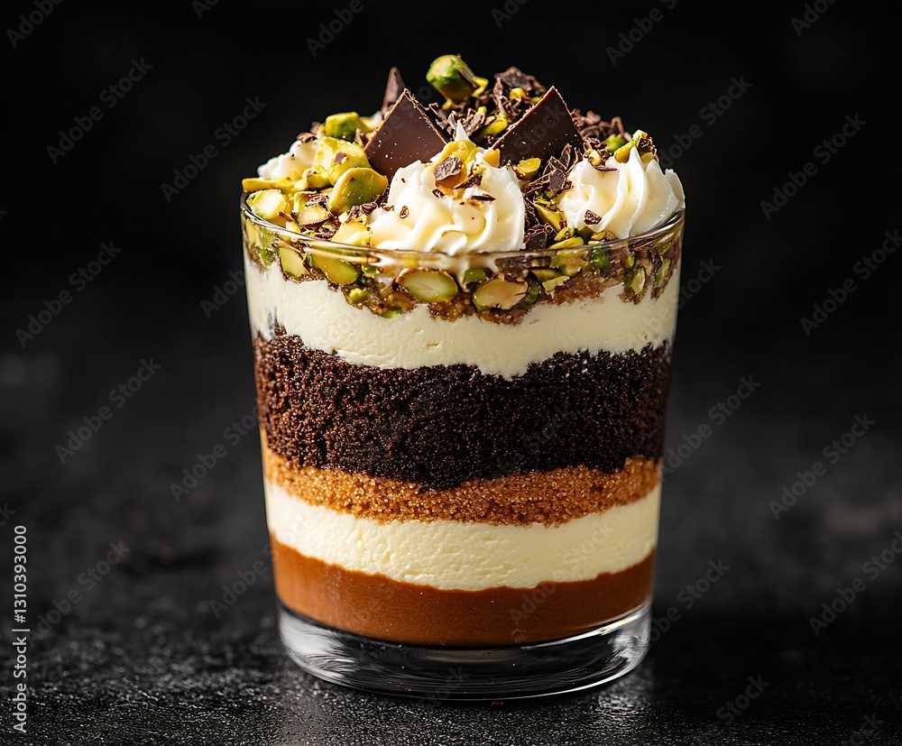 Poster delicious layered dessert in a glass featuring chocolate cream crushed cookies and nuts topped with 