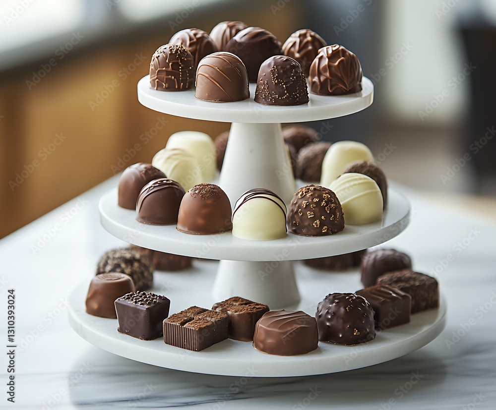 Poster exquisite display of assorted chocolate truffles arranged on a threetier stand in a bright ambiance 