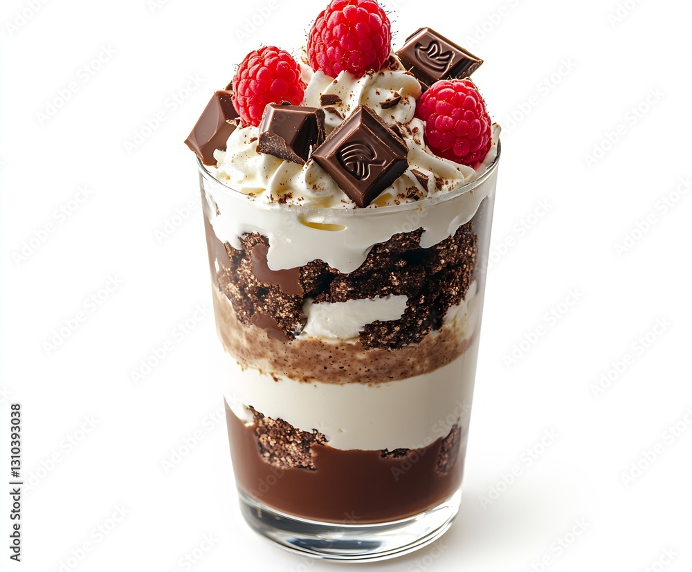 Aufkleber Decadent multilayer dessert with chocolate and raspberry toppings layered seamlessly in a clear serving glass : Generative AI