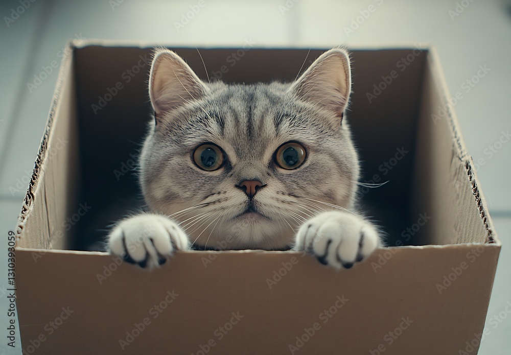 Poster adorable gray cat curiously peering out from inside a cardboard box with wide eyes : generative ai