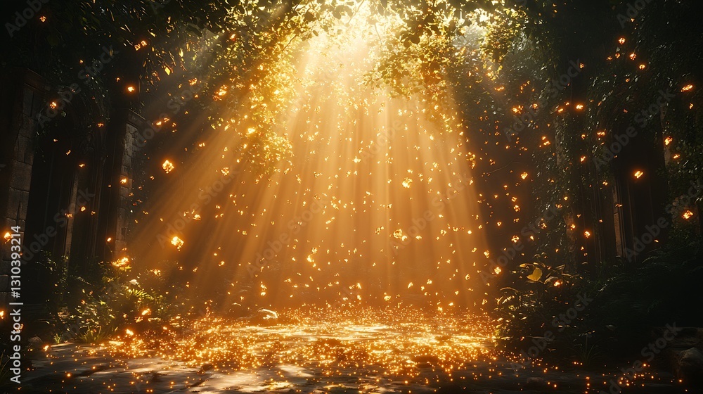 Aufkleber Enchanting Sunlight Filtering Through Lush Foliage Creating an Ethereal Glow : Generative AI