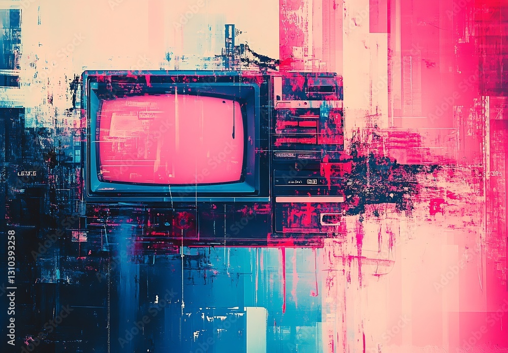 Poster abstract digital artwork featuring a vintage television surrounded by vibrant splashes of color crea