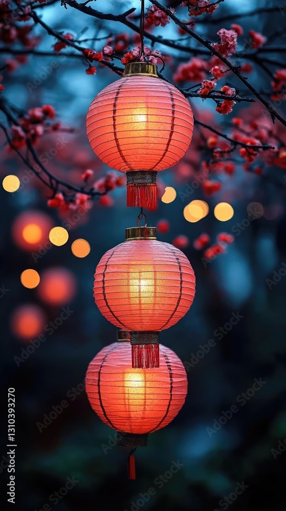 Poster three glowing red lanterns hanging from a branch, surrounded by soft bokeh lights at dusk