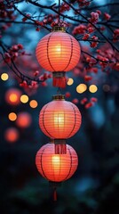 Obraz premium Three glowing red lanterns hanging from a branch, surrounded by soft bokeh lights at dusk