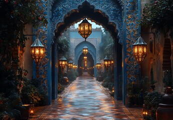 Fototapeta premium Ornate Blue Archway Corridor with Glowing Lanterns and Lush Greenery