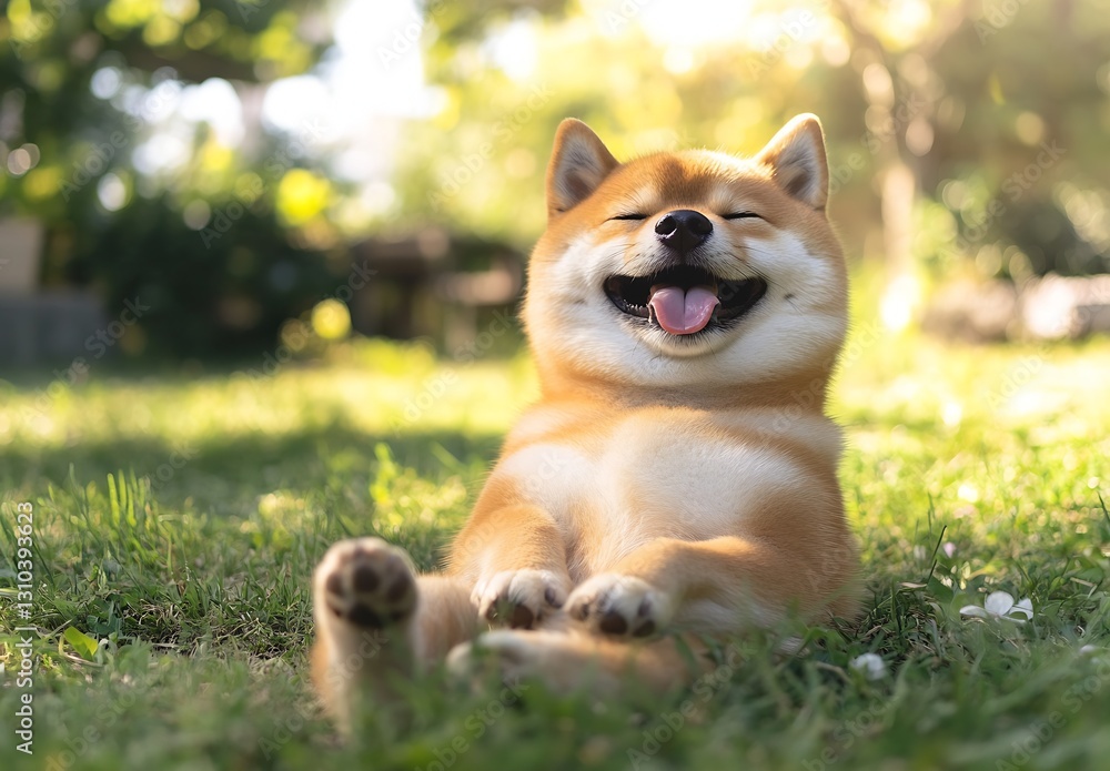 Aufkleber joyful shiba inu sitting happily on green grass with a big smile on a sunny day : generative ai