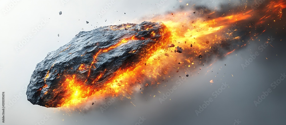 Poster a dramatic depiction of a fiery meteor rock soaring through the atmosphere leaving a trail of flames
