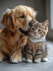 Endearing scene of a golden retriever lovingly nuzzling a cute kitten creating an adorable moment : Generative AI