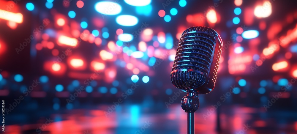 Poster stylish vintage microphone with a colorful blurred background perfect for music themes : generative 