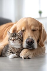 Adorable Golden Retriever and Tabby Cat Enjoying a Peaceful Moment Together at Home : Generative AI