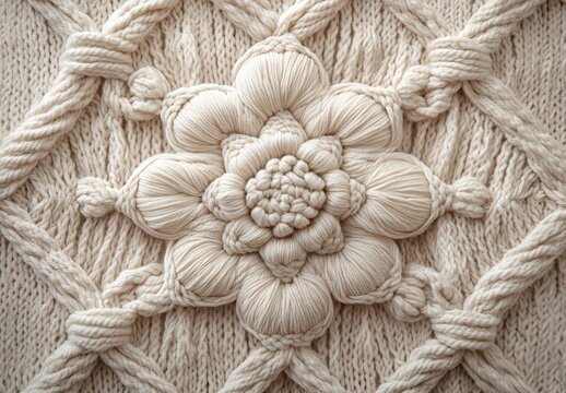 Beautiful handcrafted yarn art featuring intricate floral design with texture and softness : Generative AI