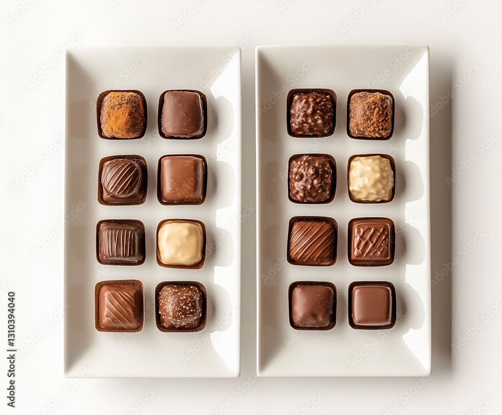 Poster elegant display of assorted chocolates arranged on white rectangular trays : generative ai