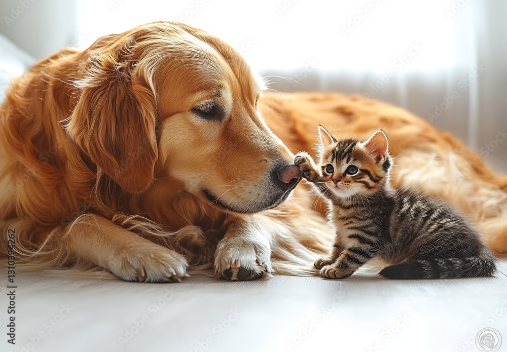 Poster Golden Retriever and Tabby Kitten Interact in Gentle Moment Full of Affection and Curiosity : Generative AI