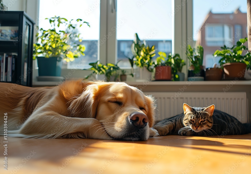 Poster peaceful scene of a golden retriever sleeping soundly next to a relaxed tabby cat : generative ai