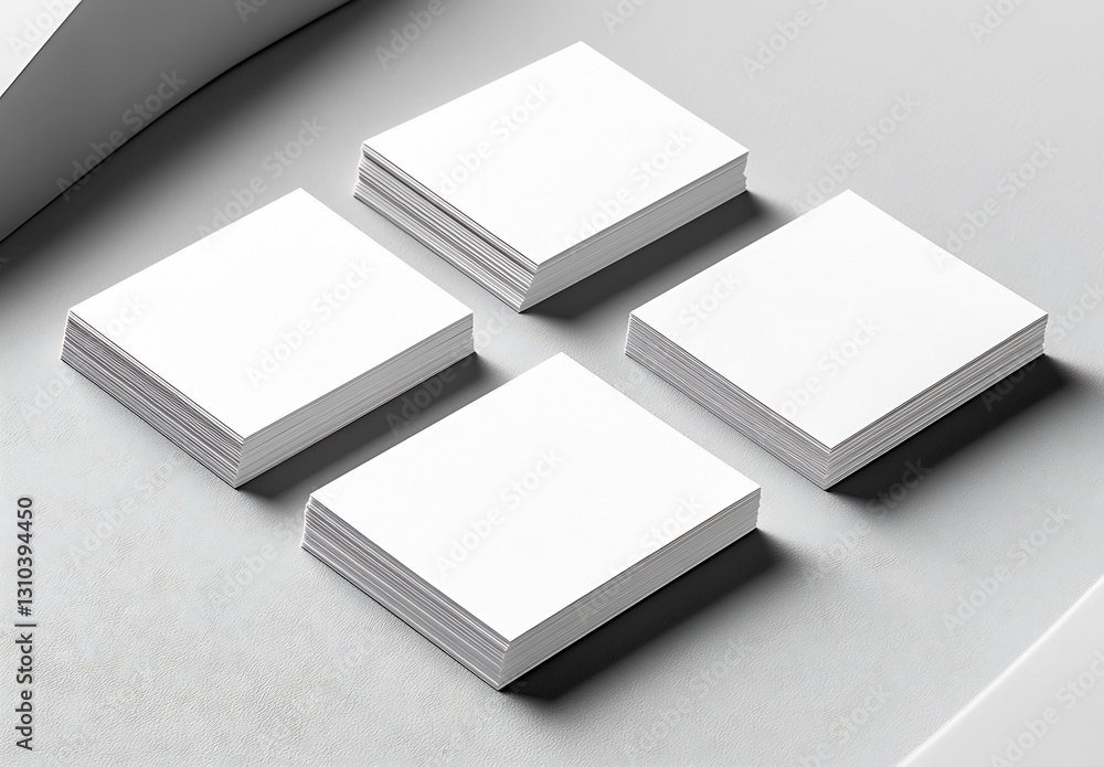 Poster minimalist arrangement of four stacks of blank white papers on a sleek surface for creative business