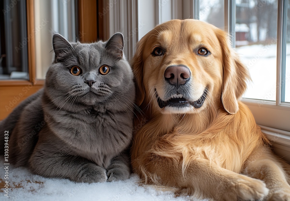 Poster Charming golden retriever and fluffy gray cat relaxing together by the window in a snowy landscape : Generative AI