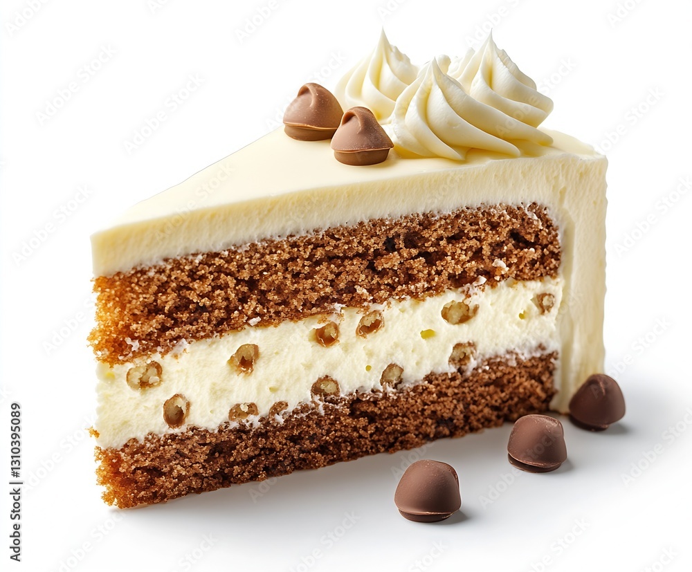 Poster delicious slice of layered chocolate cake with creamy frosting and chocolate chips on top : generati