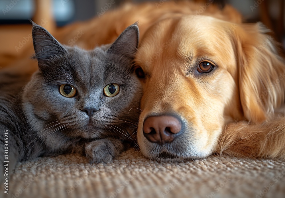 Poster adorable grey cat and golden retriever snuggling together on a soft rug creating a cozy atmosphere :